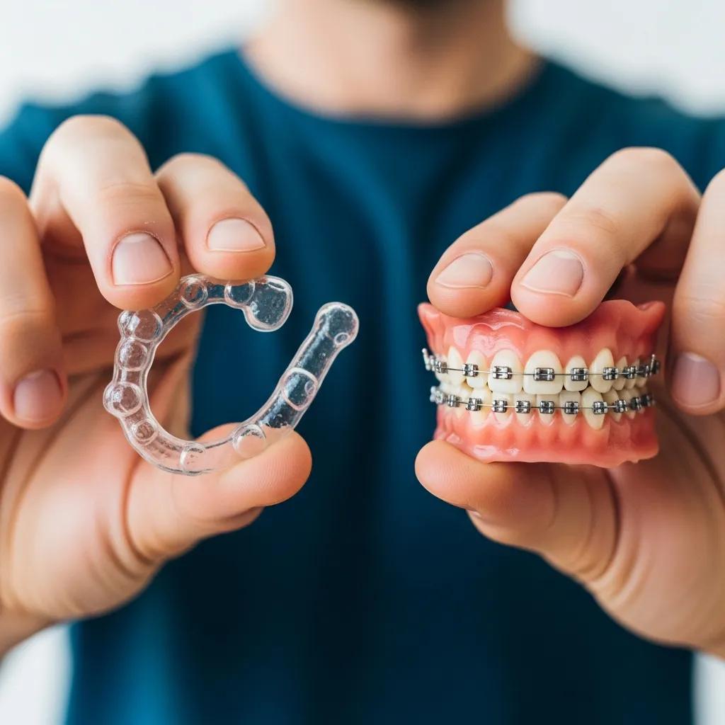 Comparación de alineador Invisalign transparente y brackets metálicos, destacando la estética y comodidad de los alineadores removibles.