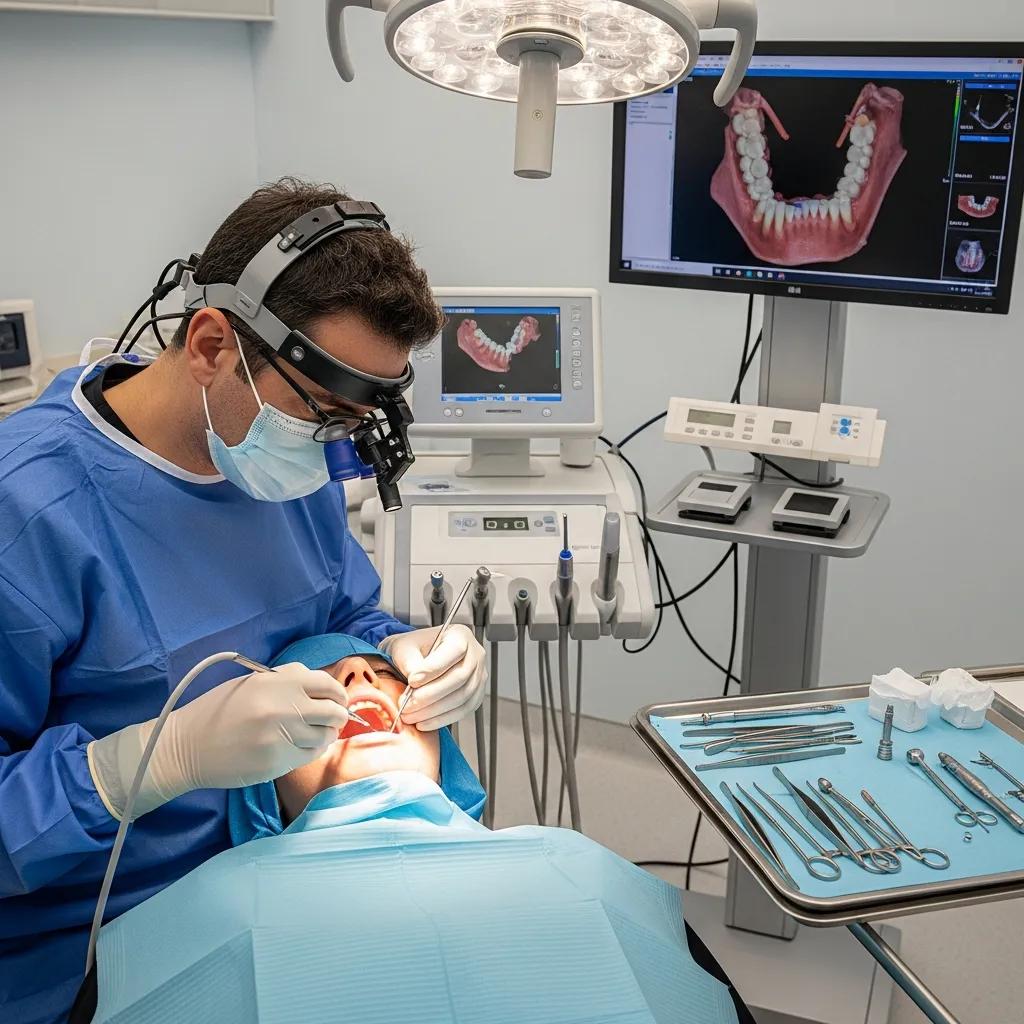 Dentista realizando cirugía de implante dental con tecnología avanzada, paciente en la silla dental, monitor mostrando imagen de arcada dental, instrumentos quirúrgicos en la mesa.