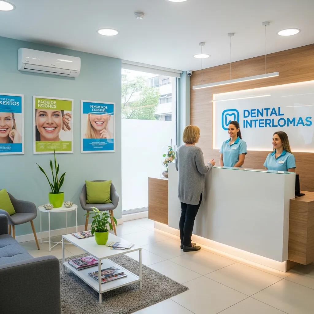 Área de recepción acogedora en La Clínica Dental Interlomas, con personal amigable, decoración moderna y carteles promocionales de tratamientos dentales.